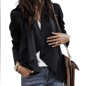 Dynamite Black Draped Open-Front Jacket - faux suede